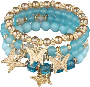 Fuqimanman2020 Boho 4pcs Butterfly Charm Gold Beaded Stackable Stretch Bracelet Set Crystal Butterfly Colorful Elastic Bracelets