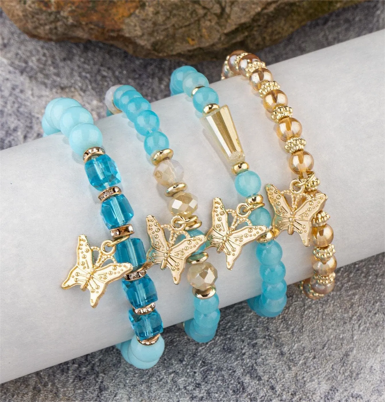 Fuqimanman2020 Boho 4pcs Butterfly Charm Gold Beaded Stackable Stretch Bracelet Set Crystal Butterfly Colorful Elastic Bracelets