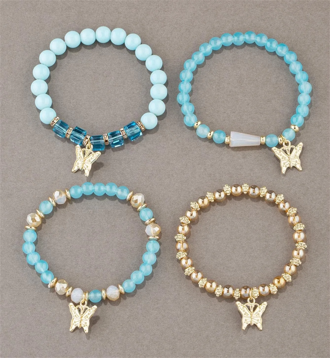 Fuqimanman2020 Boho 4pcs Butterfly Charm Gold Beaded Stackable Stretch Bracelet Set Crystal Butterfly Colorful Elastic Bracelets