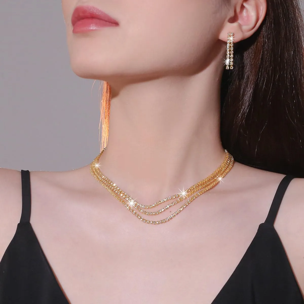 FUTIMELY Wedding Prom Jewelry Sets for Women,Sparkly Crystal Drop Dangle Earrings Glitter Layering Rhinestone Choker Necklace Trendy Jewelry Gifts