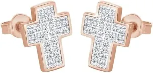 Gaspara 14k Rose Gold Plated 925 Sterling Silver Cross Stud Earrings for Women, Round Cut Diamond Accent, Dainty Christmas Jewelry Gift, Religious Faith Earrings for Her