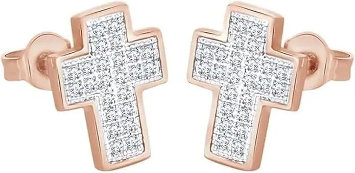 Gaspara 14k Rose Gold Plated 925 Sterling Silver Cross Stud Earrings for Women, Round Cut Diamond Accent, Dainty Christmas Jewelry Gift, Religious Faith Earrings for Her