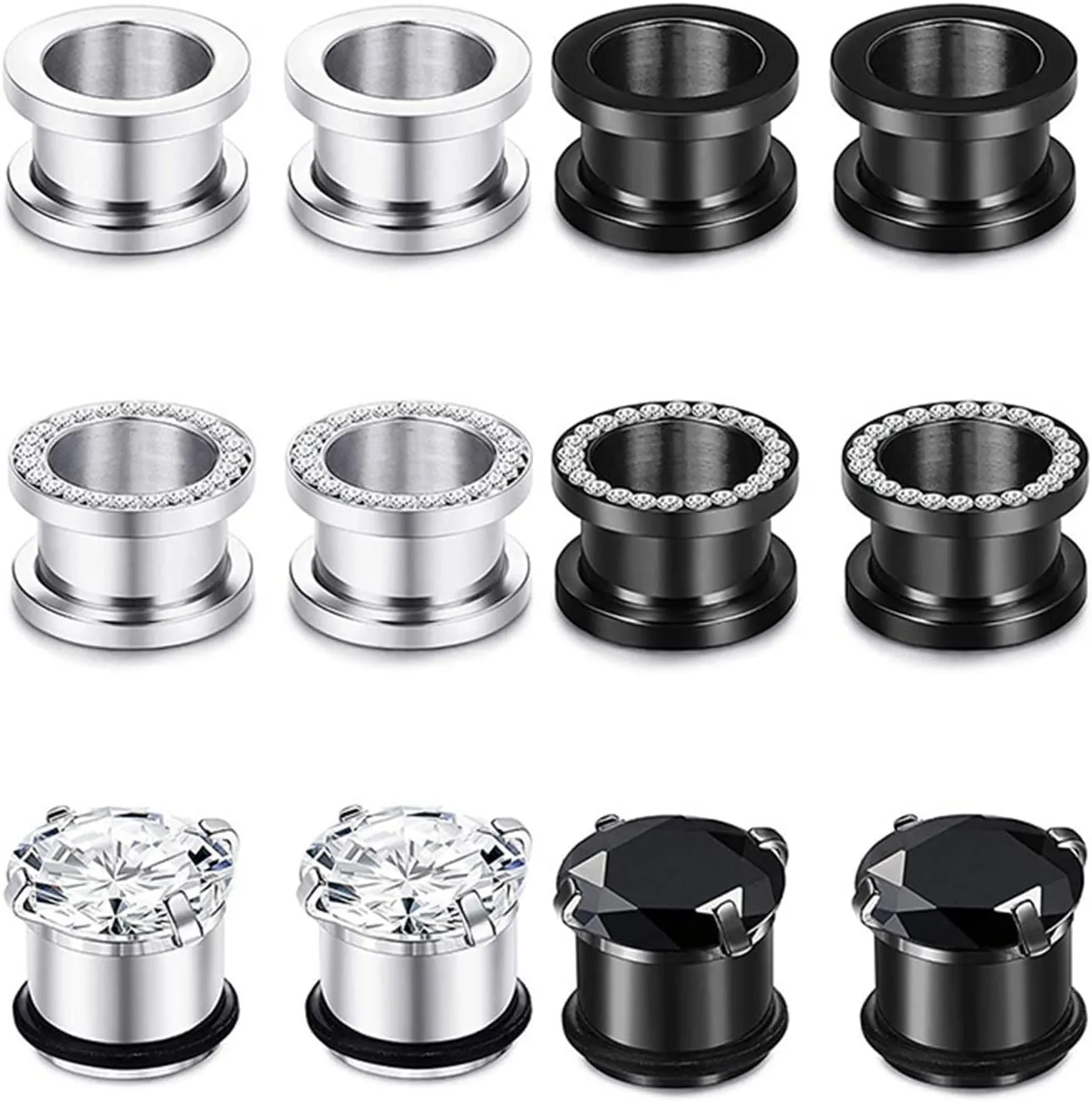 Gauges Ears Plugs Stainless Steel Ear Gauges Men Women Silver Black Hoop with Cubic Zirconia Ear Tunnels Expander Piercing, 12PCS, 3MM - 20MM