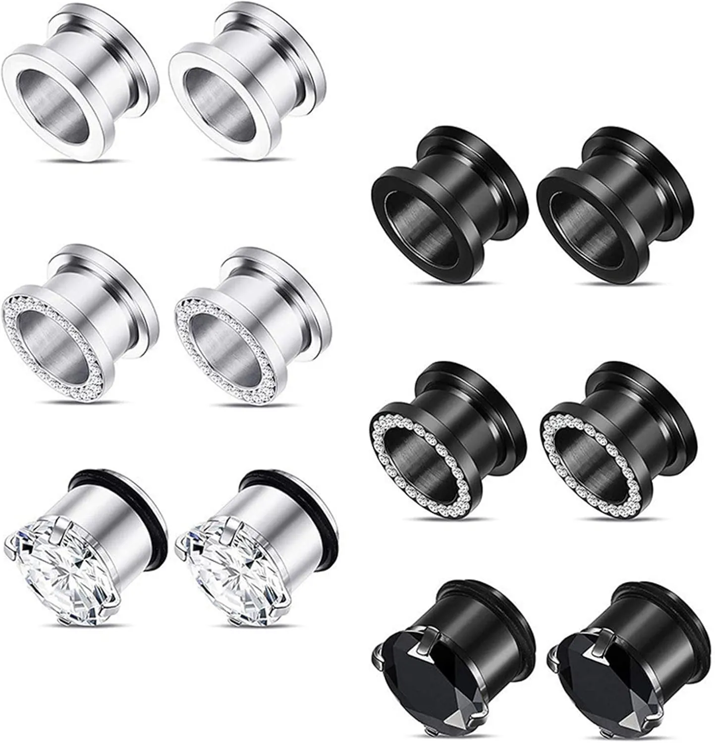 Gauges Ears Plugs Stainless Steel Ear Gauges Men Women Silver Black Hoop with Cubic Zirconia Ear Tunnels Expander Piercing, 12PCS, 3MM - 20MM