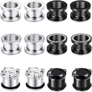 Gauges Ears Plugs Stainless Steel Ear Gauges Men Women Silver Black Hoop with Cubic Zirconia Ear Tunnels Expander Piercing, 12PCS, 3MM - 20MM