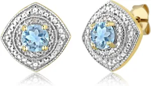 Gem Stone King 18K Yellow Gold Plated Silver Sky Blue Topaz and Diamond Accent Studs Earrings For Women (1.00 Cttw, Gemstone Birthstone, Round 5MM)