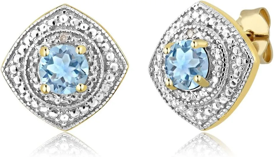 Gem Stone King 18K Yellow Gold Plated Silver Sky Blue Topaz and Diamond Accent Studs Earrings For Women (1.00 Cttw, Gemstone Birthstone, Round 5MM)