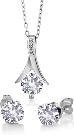 Gem Stone King 3.65 Cttw White Created Sapphire and White Diamond Pendant and Earrings Jewelry Set For Women | 925 Sterling Silver | With 18 Inch Silver Chain
