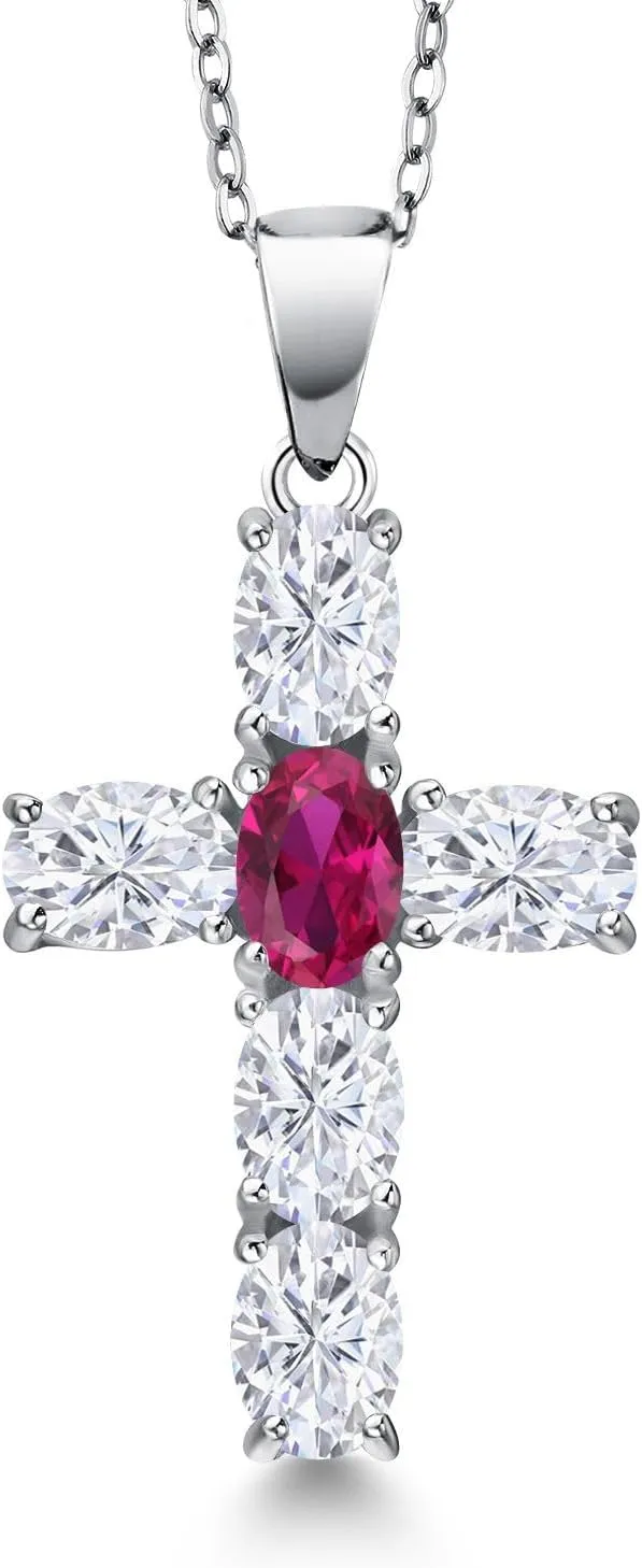 Gem Stone King 925 Sterling Silver White Moissanite and Red Created Ruby Cross Pendant Necklace for Women | 3.00 Cttw | Gemstone Birthstone | Oval 6X4MM | With 18 Inch Chain