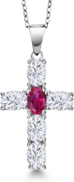 Gem Stone King 925 Sterling Silver White Moissanite and Red Created Ruby Cross Pendant Necklace for Women | 3.00 Cttw | Gemstone Birthstone | Oval 6X4MM | With 18 Inch Chain