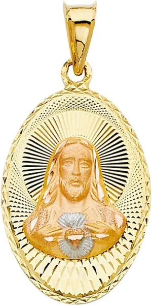 Genuine 14k Tri-tone Gold 1.06" Diamond-cut Sacred Heart Jesus Religious Pendant For Men or Women - Christian Jewelry, Religious Gifts