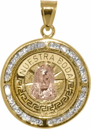 Genuine 14k Two-tone Gold 0.98" Cubic Zirconia CZ Nuestra Boda Jesus Pendant For Men or Women - Christian Jewelry, Religious Gifts