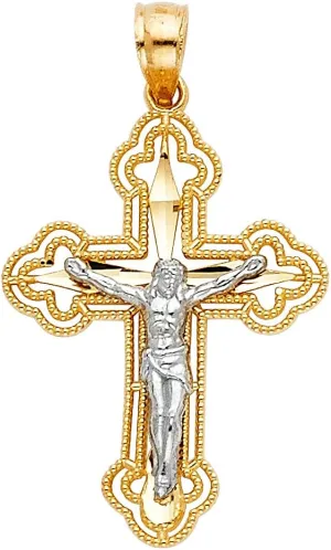 Genuine 14k Two-tone Gold 1.41" Budded Cut-out Flat Crucifix Religious Pendant For Men or Women - Christian Jewelry, Religious Gifts