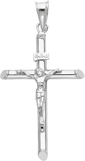 Genuine 14k White Gold 1.57" Hollow Tube Crucifix Pendant For Men or Women - Christian Jewelry, Religious Gifts