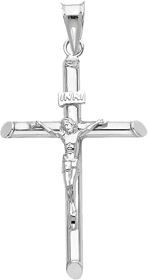 Genuine 14k White Gold 1.57" Hollow Tube Crucifix Pendant For Men or Women - Christian Jewelry, Religious Gifts