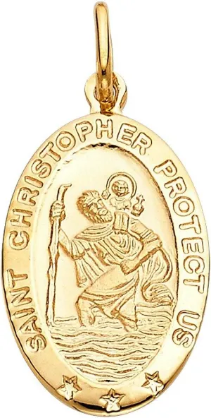 Genuine 14k Yellow Gold 0.86" Saint Christopher Oval Medal Religious Pendant For Men or Women - Christian Jewelry, Religious Gifts