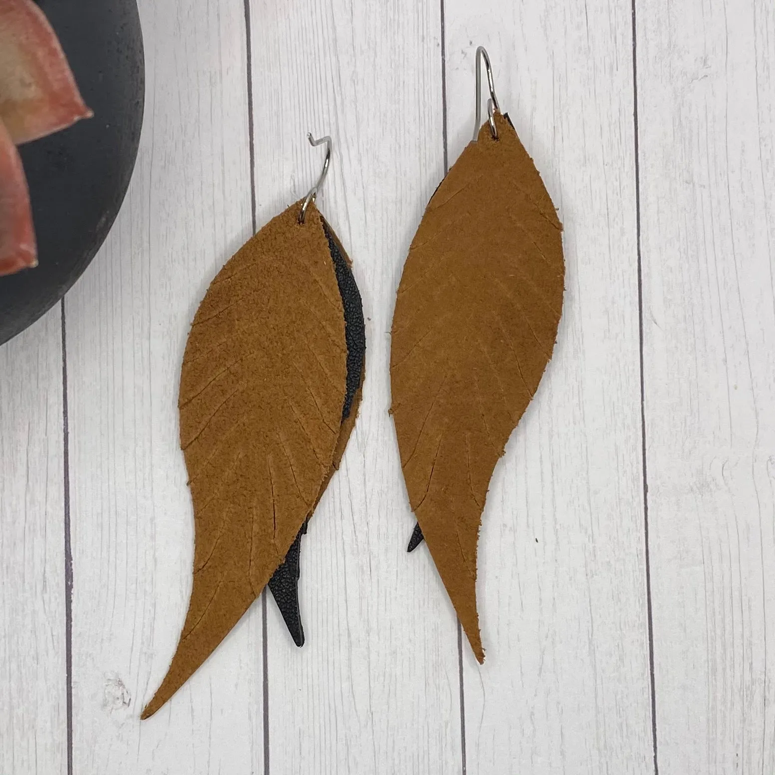 Genuine Leather Animal Print and Black Feather Earrings