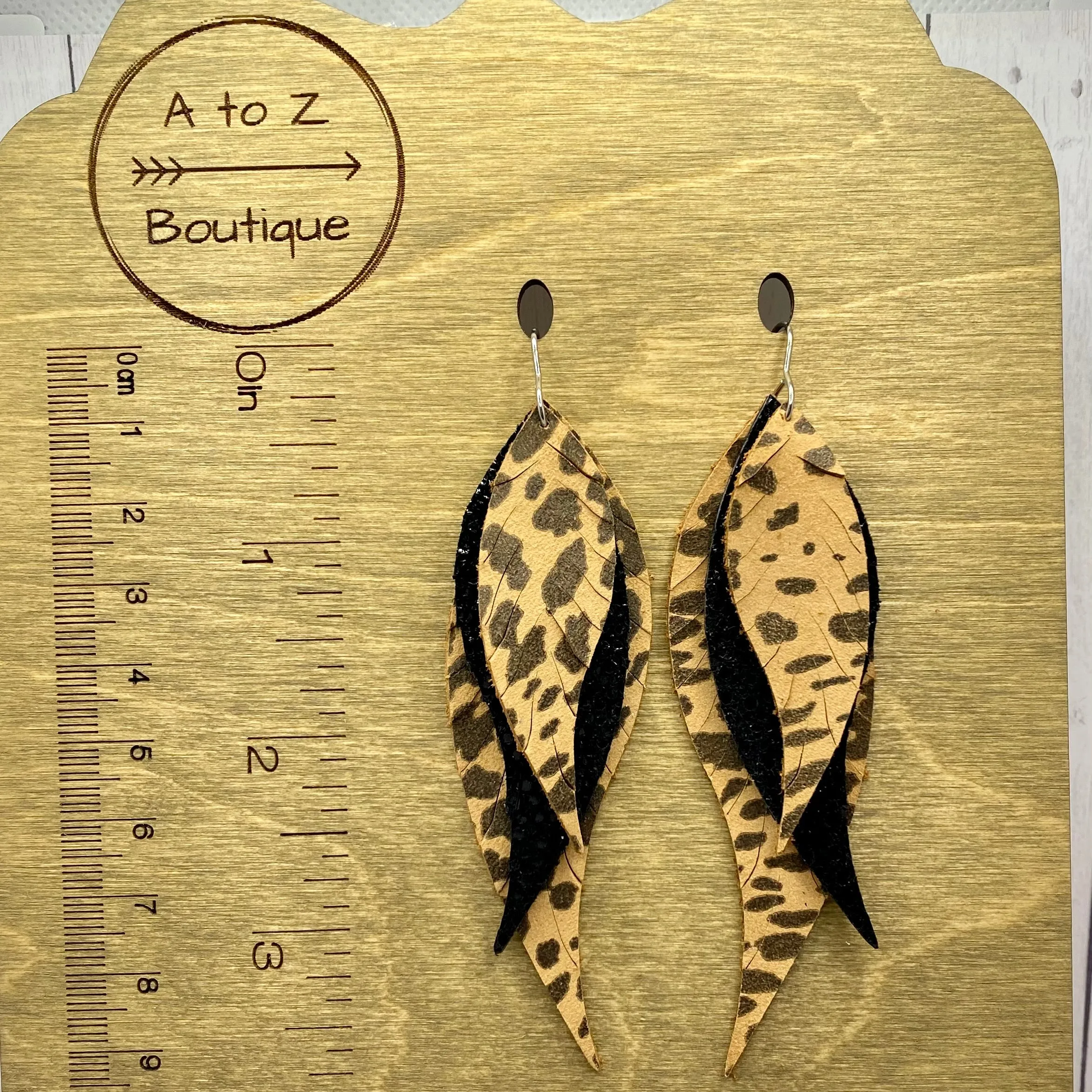 Genuine Leather Animal Print and Black Feather Earrings