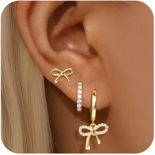 GEORGE  SMITH Gold Earring Stack for Women, Gold Bow Stacked Earrings Set, Sensitive Earrings for Women Hypoallergenic