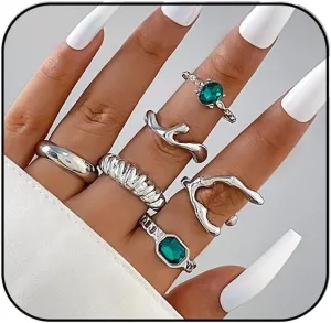 GIGB PBDK Green Gemstones Butterfly Snake Ring Set,Vintage Creative Geometric Joint Ring Boho Knuckle Stackable Rings Crystal Finger Midi Rings Simple Cute Rings Pack Jewelry Gift