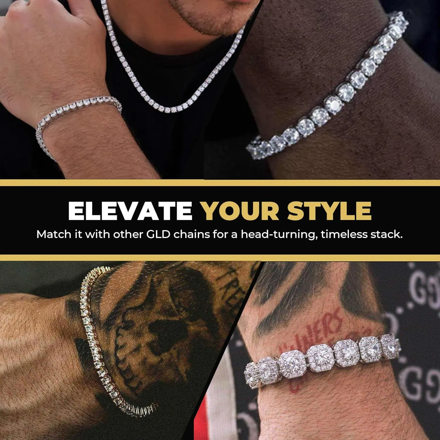 GLD Clustered Tennis Bracelet - Iced Out Chain for Men and Women in Yellow, White and Rose Gold from 6MM-12MM, 6-9