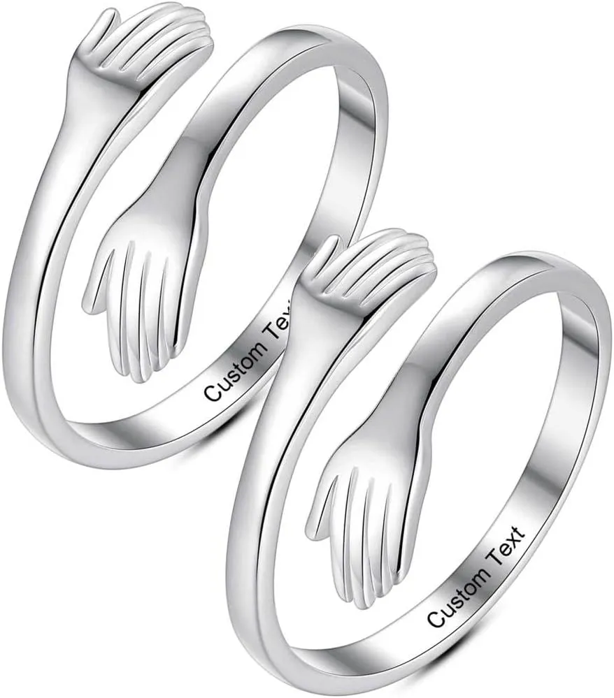 Globart Personalized Engraved Custom Name Hug Ring Promise Rings for Couples Mens Women's Men Her Thumb Women Adjustable Sterling Silver Cute Teen Girls Aesthetic Simple Dainty