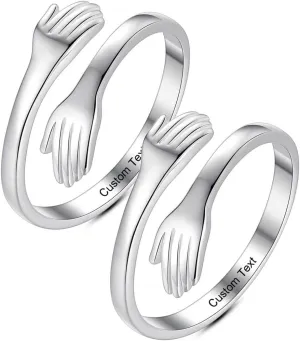 Globart Personalized Engraved Custom Name Hug Ring Promise Rings for Couples Mens Women's Men Her Thumb Women Adjustable Sterling Silver Cute Teen Girls Aesthetic Simple Dainty