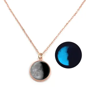 Glow in the Dark Rose Gold Stainless Steel Custom Birth Moon Necklace with Personalized Birthday Moon Phase from the Day You were Born, 18mm