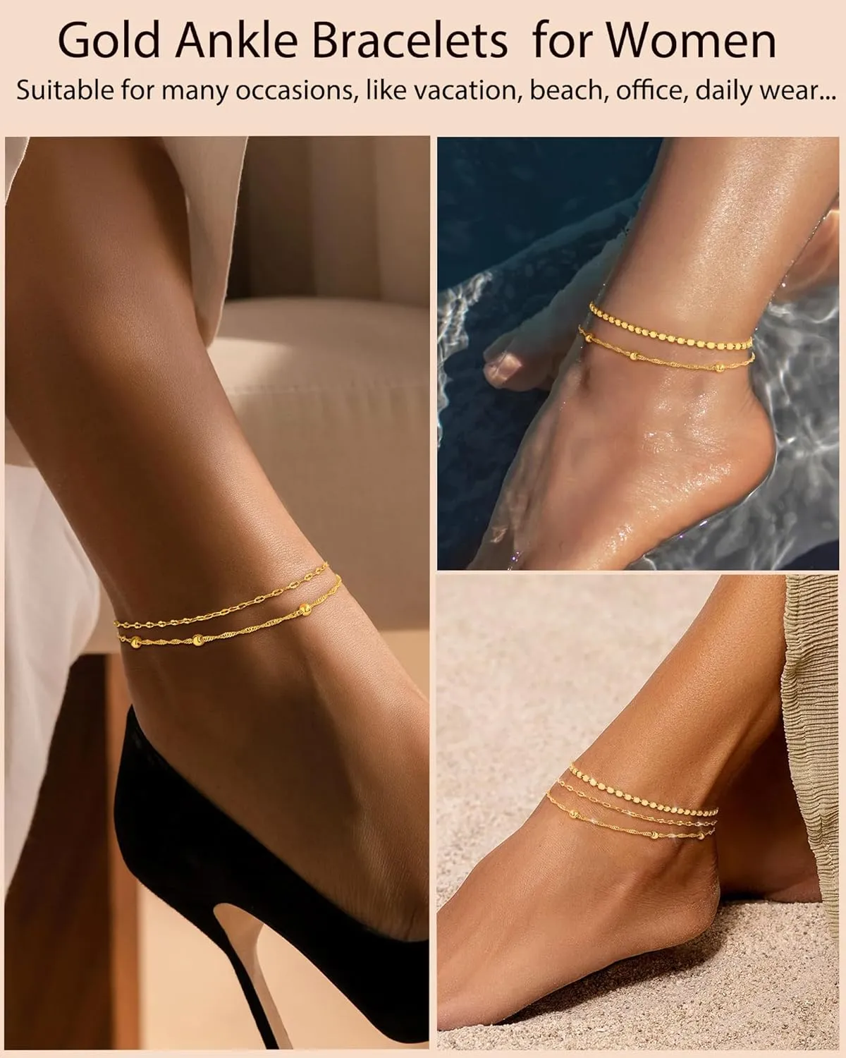 Gold Ankle Bracelets for Women 14K Gold Plated Anklets for Women Waterproof Non Tarnish Dainty Layered Heart Cuban Link Beaded Anklets Set Summer Beach Stuff Jewelry Gifts for Women Trendy