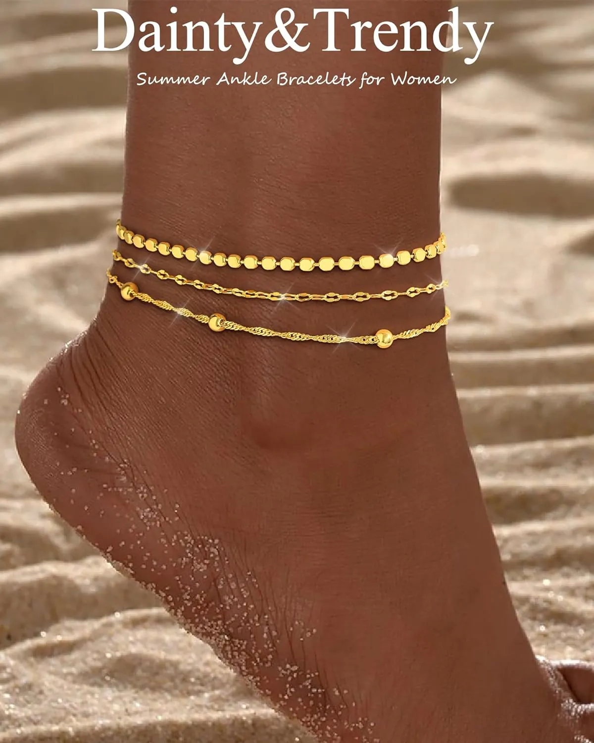 Gold Ankle Bracelets for Women 14K Gold Plated Anklets for Women Waterproof Non Tarnish Dainty Layered Heart Cuban Link Beaded Anklets Set Summer Beach Stuff Jewelry Gifts for Women Trendy