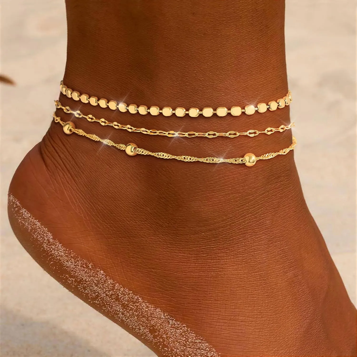 Gold Ankle Bracelets for Women 14K Gold Plated Anklets for Women Waterproof Non Tarnish Dainty Layered Heart Cuban Link Beaded Anklets Set Summer Beach Stuff Jewelry Gifts for Women Trendy