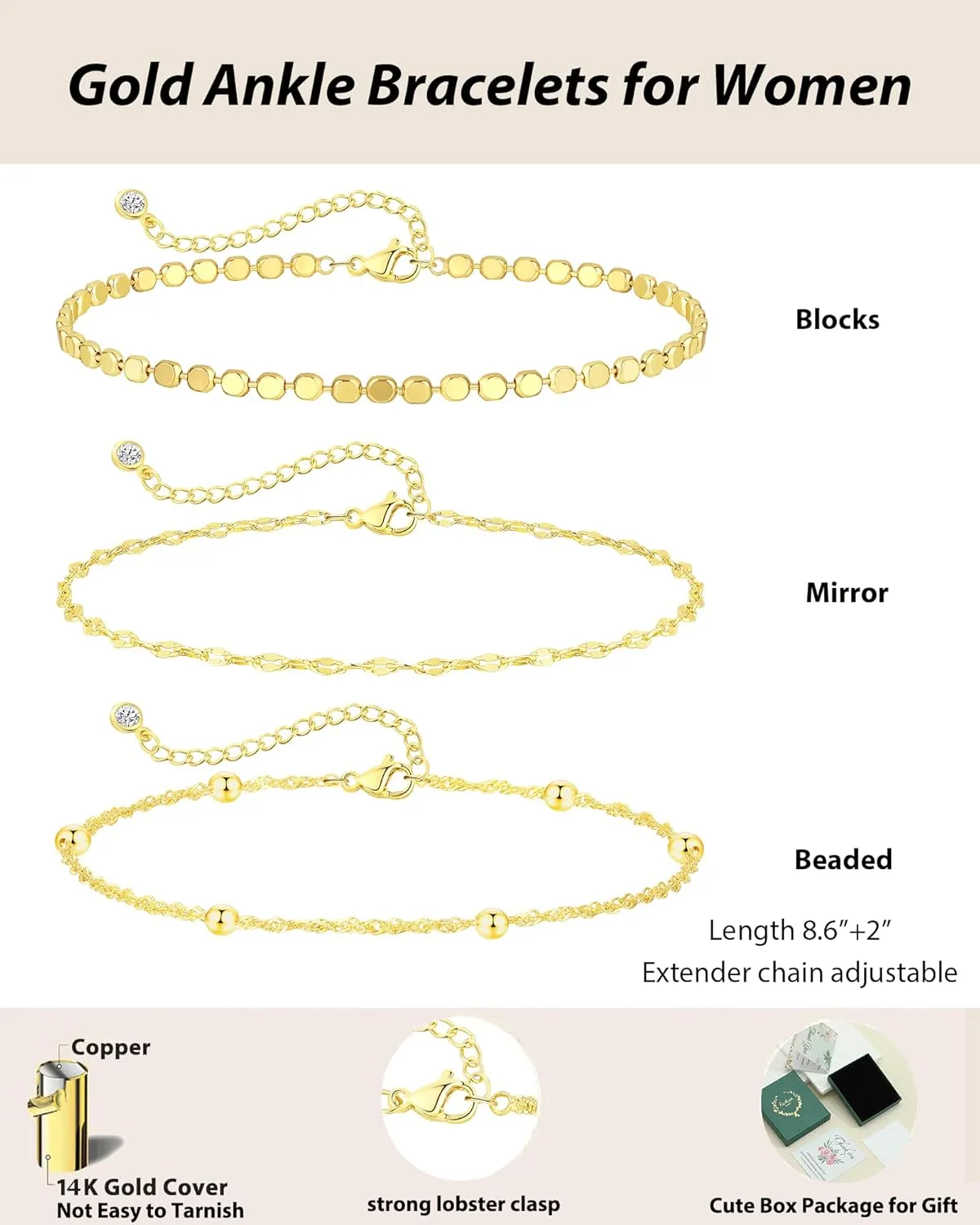 Gold Ankle Bracelets for Women 14K Gold Plated Anklets for Women Waterproof Non Tarnish Dainty Layered Heart Cuban Link Beaded Anklets Set Summer Beach Stuff Jewelry Gifts for Women Trendy