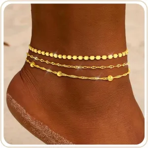 Gold Ankle Bracelets for Women 14K Gold Plated Anklets for Women Waterproof Non Tarnish Dainty Layered Heart Cuban Link Beaded Anklets Set Summer Beach Stuff Jewelry Gifts for Women Trendy