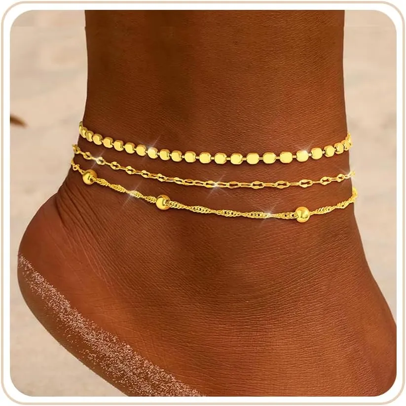 Gold Ankle Bracelets for Women 14K Gold Plated Anklets for Women Waterproof Non Tarnish Dainty Layered Heart Cuban Link Beaded Anklets Set Summer Beach Stuff Jewelry Gifts for Women Trendy