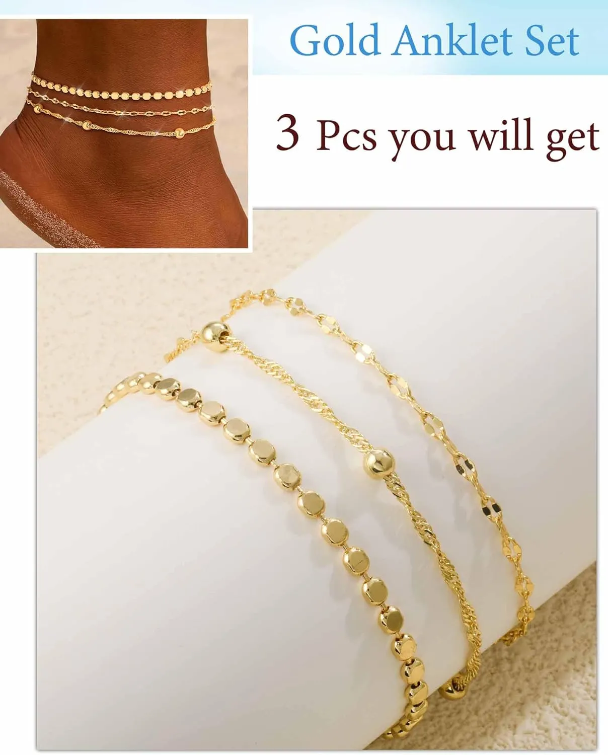 Gold Ankle Bracelets for Women 14K Gold Plated Anklets for Women Waterproof Non Tarnish Dainty Layered Heart Cuban Link Beaded Anklets Set Summer Beach Stuff Jewelry Gifts for Women Trendy