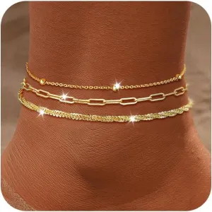 Gold Ankle Bracelets for Women,14K Gold Anklets for Women Waterproof Cuban Link Heart Paperclip Beaded Figaro Cuban Link Chain Beach Stackable Anklet Layered Anklet Bracelets for Women Gold Jewelry