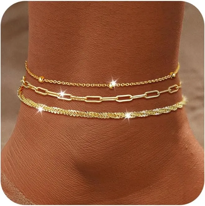 Gold Ankle Bracelets for Women,14K Gold Anklets for Women Waterproof Cuban Link Heart Paperclip Beaded Figaro Cuban Link Chain Beach Stackable Anklet Layered Anklet Bracelets for Women Gold Jewelry