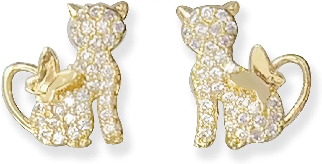 Gold Cat Earrings for Women Rhinestone Cat Stud Earrings Cute Animal Butterfly Earrings Hypoallergenic Ear Accessories Gift for Women