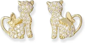 Gold Cat Earrings for Women Rhinestone Cat Stud Earrings Cute Animal Butterfly Earrings Hypoallergenic Ear Accessories Gift for Women