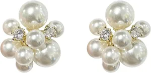 Gold Cluster Pearl Stud Earrings for Women Sparkling Rhinestone Pearl Drop Statement Earrings Minimalist Pearl Earrings Bridal Jewelry Accessories