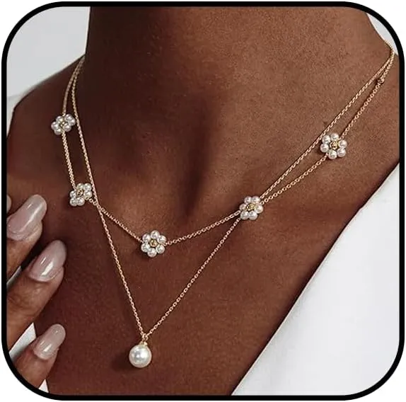 Gold Daisy Pearl Necklace for Women Cute Fresh Water Flower Pendant Necklace Dainty Daisy Pearl Choker Necklace Layered Pearl Pendant Necklaces Trendy Jewelry Accessories
