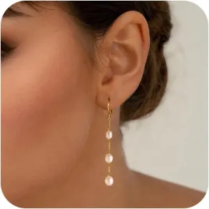 Gold Dangle Pearl Earrings for Women - 14k Gold Plated Dainty Wedding Drop Jewelry, Trendy Long Hypoallergenic Stud Earrings
