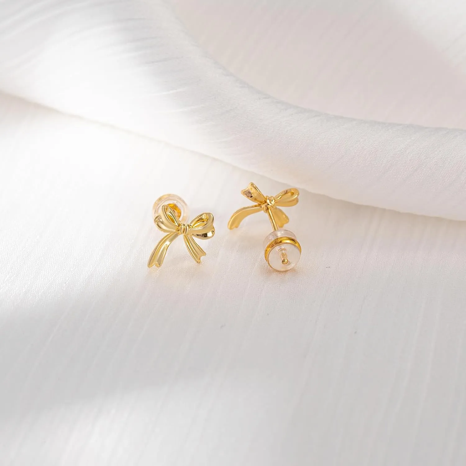 Gold Earrings-14K Gold/Silver Plated Bow Stud Earrings Minimalist Trendy Dainty Cute Bow Ribbon Earrings for Women Gifts