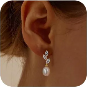 Gold Earrings for Women,14k Gold Plated Pearl Drop Earring Dainty Gold Bridal Prom Earrings Small Cute Stud Earring Wedding Dangle Earrings for Women Trendy Prom Bride Jewelry Gifts