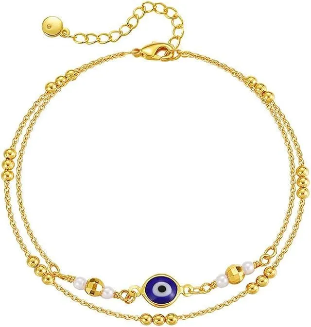 Gold Evil Eye Anklet for Women Layered Beaded Anklet Ankle Stainless Seel Gold-Plated Anklets Waterproof Non Discoloration Women's Jewelry