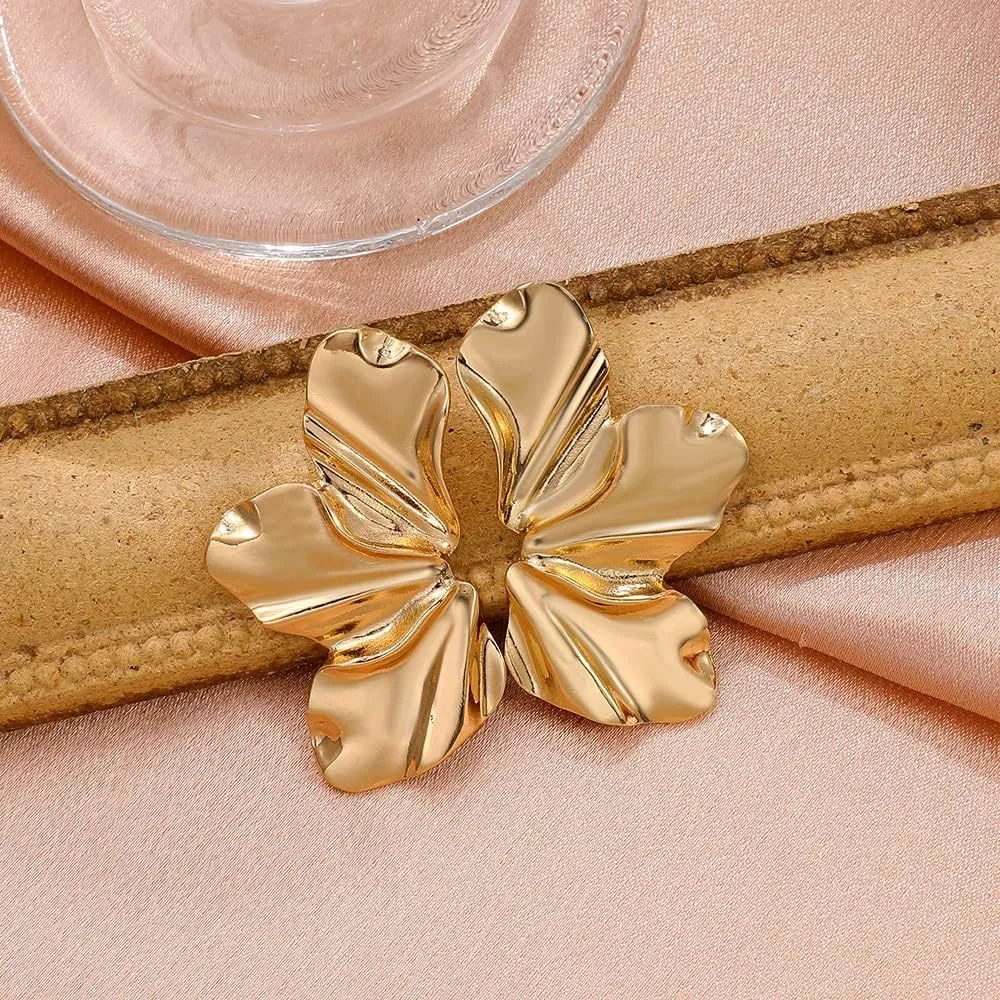 Gold Flower Earrings 14K Gold Plated Flower Dangle Drop Irregular Sparkling Dainty Earrings for Women Gift, Exaggerated Statement Earrings Punk Gold Jewelry