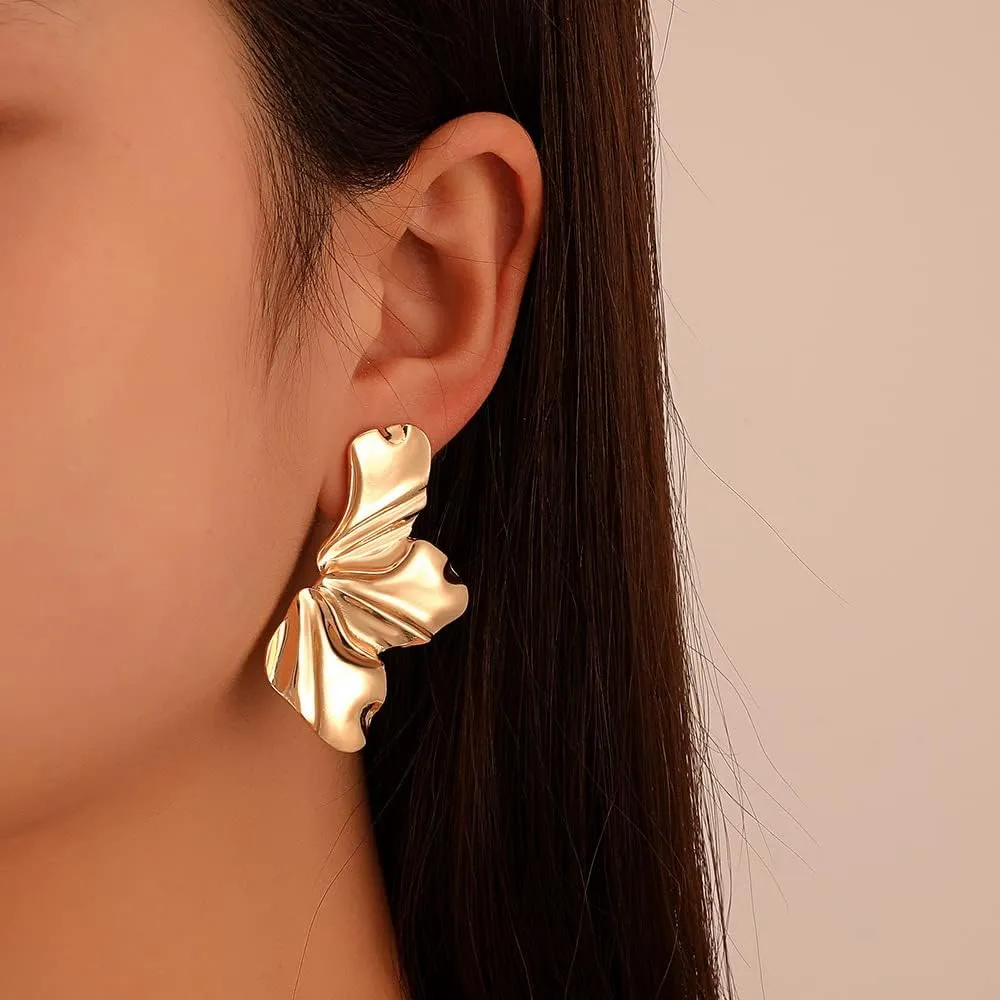 Gold Flower Earrings 14K Gold Plated Flower Dangle Drop Irregular Sparkling Dainty Earrings for Women Gift, Exaggerated Statement Earrings Punk Gold Jewelry
