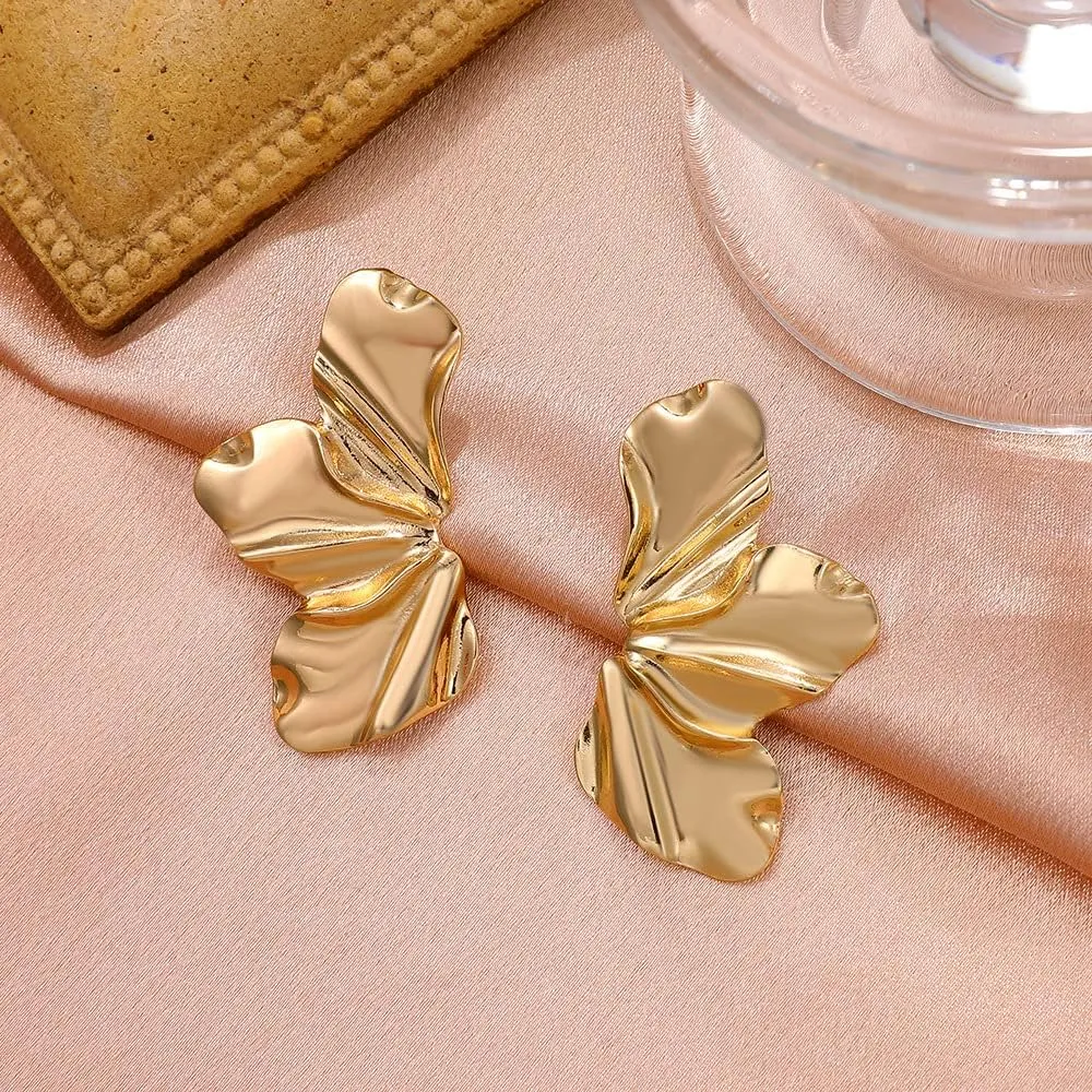 Gold Flower Earrings 14K Gold Plated Flower Dangle Drop Irregular Sparkling Dainty Earrings for Women Gift, Exaggerated Statement Earrings Punk Gold Jewelry