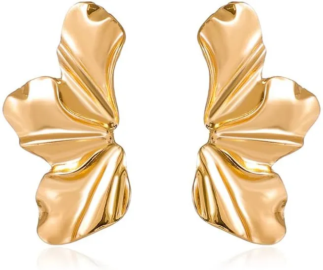 Gold Flower Earrings 14K Gold Plated Flower Dangle Drop Irregular Sparkling Dainty Earrings for Women Gift, Exaggerated Statement Earrings Punk Gold Jewelry