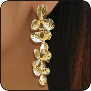 Gold Flower Earrings Floral Earrings Statement Earrings Large Double Gold Floral Earrings for Women Boho Earrings Flower Jewelry Gold Flower Stud Earrings Lightweight Earrings